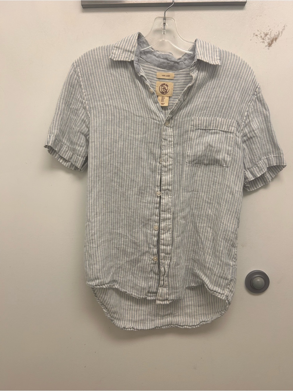 100% Linen Panama Jack Light Blue and White Striped Short-Sleeve Button-Up Shirt